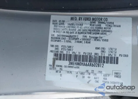 2010 Mercury Milan from USA, damaged, VIN 3MEHM0HA6AR602812